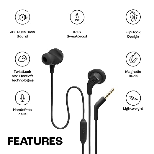JBL Endurance Run 2, Sports in Ear Wired Earphones with Mic, Pure Bass, Sweatproof, Flexsoft eartips, Magnetic Earbuds, Fliphook & TwistLock Technology with Voice Assistant Support for Mobiles (Black) JBL Endurance Run 2, Sports in Ear Wired Earphones with Mic, Pure Bass, Sweatproof, Flexsoft eartips, Magnetic Earbuds, Fliphook & TwistLock Technology with Voice Assistant Support for Mobiles (Black)